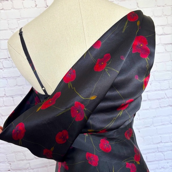 NICHOLAS Finley Silk Asymmetrical Draped Black Poppy Floral Midi Dress--4 - Picture 9 of 16